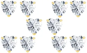 14k Yellow Gold Plated 1Ct Heart White Sapphire Set Of Five Stud Earrings