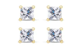 14k Yellow Gold Plated 1Ct Princess Cut White Sapphire Set Of Two Stud Earrings