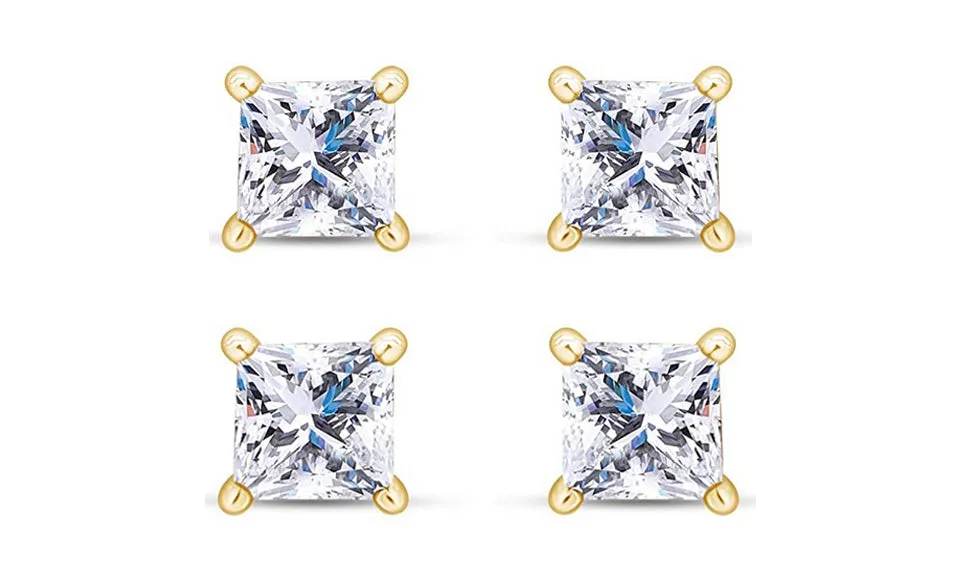 14k Yellow Gold Plated 1Ct Princess Cut White Sapphire Set Of Two Stud Earrings