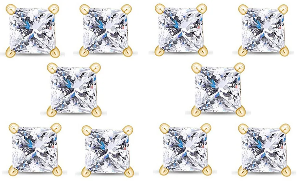 14k Yellow Gold Plated 2Ct Princess Cut White Sapphire Set Of Five Stud Earrings