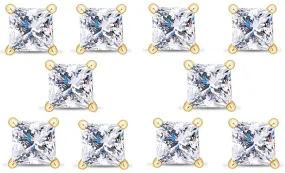 14k Yellow Gold Plated 2Ct Princess Cut White Sapphire Set Of Five Stud Earrings