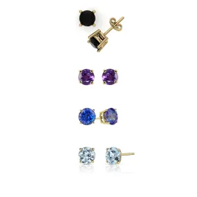 14k Yellow Gold Plated 3Ct Created Black Sapphire, Amethyst, Tanzanite and Aquamarine 4 Pair Round Stud Earrings