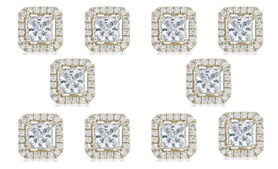 14k Yellow Gold Plated 4mm 1Ct Princess Cut White Sapphire Set of Five Halo Stud Earrings