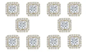 14k Yellow Gold Plated 4mm 3Ct Princess Cut White Sapphire Set of Five Halo Stud Earrings