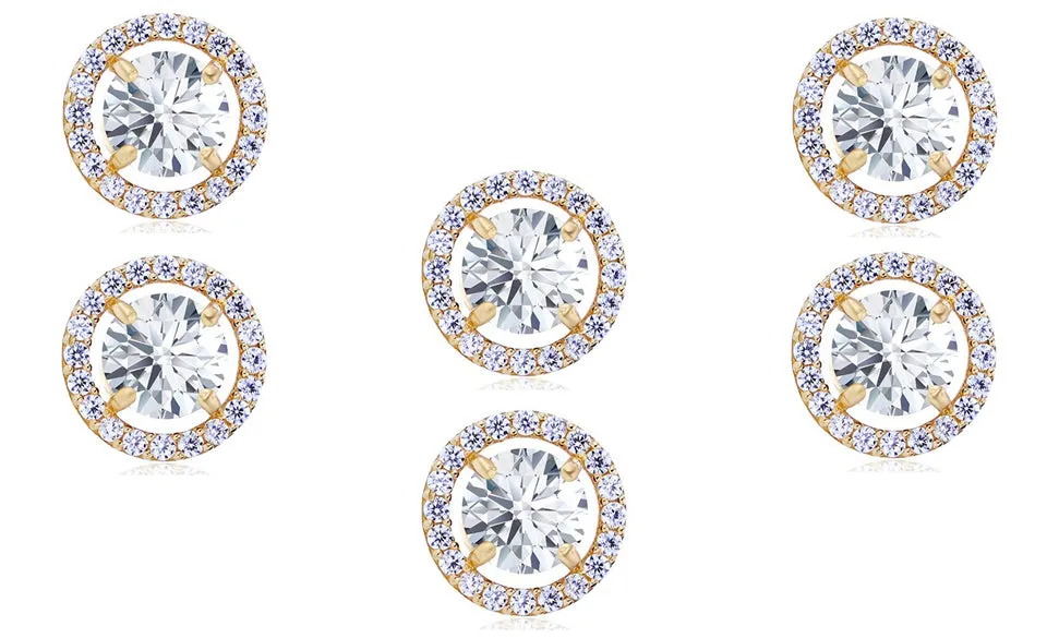 14k Yellow Gold Plated 4mm 4Ct Round White Sapphire Set Of Three Halo Stud Earrings