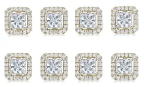 14k Yellow Gold Plated 6mm 2Ct Princess Cut White Sapphire Set of Four Halo Stud Earrings