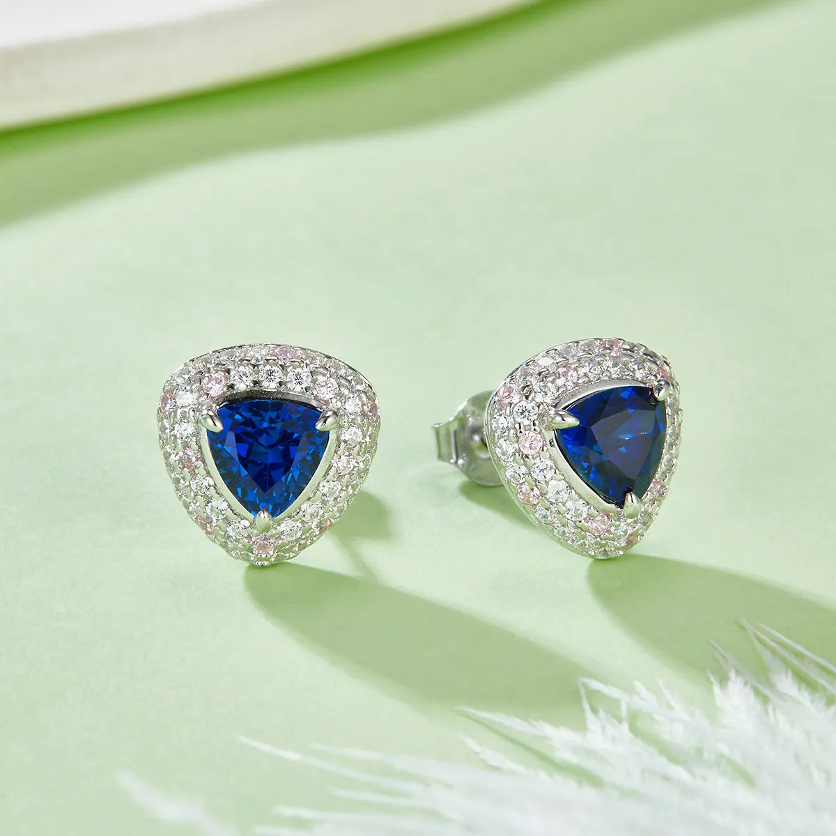 1.6 Carat Triangular Blue Sapphire Double Halo Sterling Silver Stud Earrings