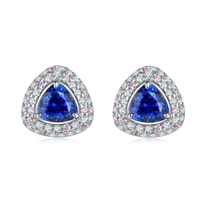 1.6 Carat Triangular Blue Sapphire Double Halo Sterling Silver Stud Earrings