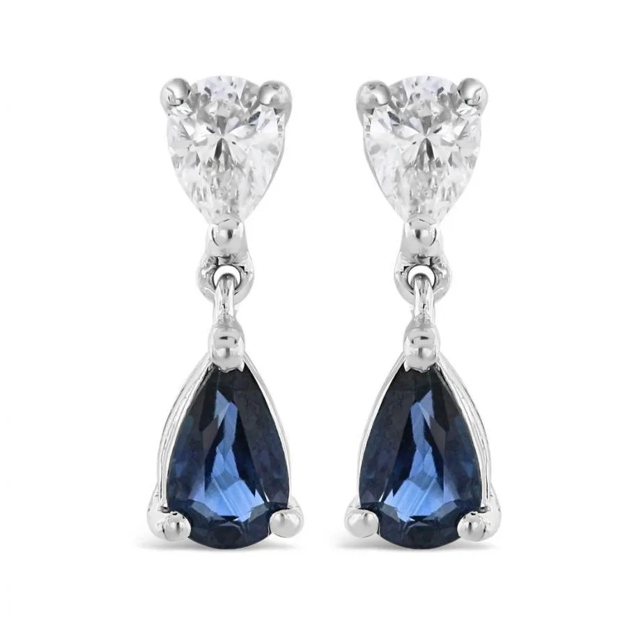 18ct White Gold Pear Cut Sapphire & Diamond Drop Earrings