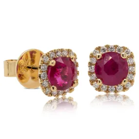 18ct Yellow Gold Ruby & Diamond Halo Earrings