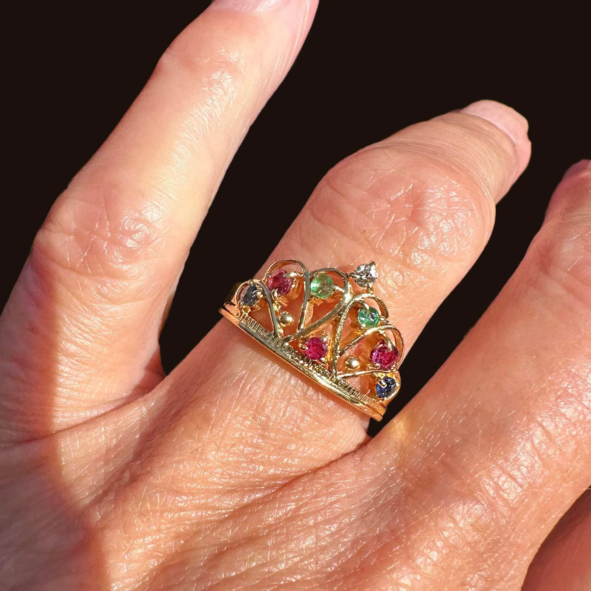 18K Gold Double Heart Ruby Diamond Sapphire Emerald Crown Ring