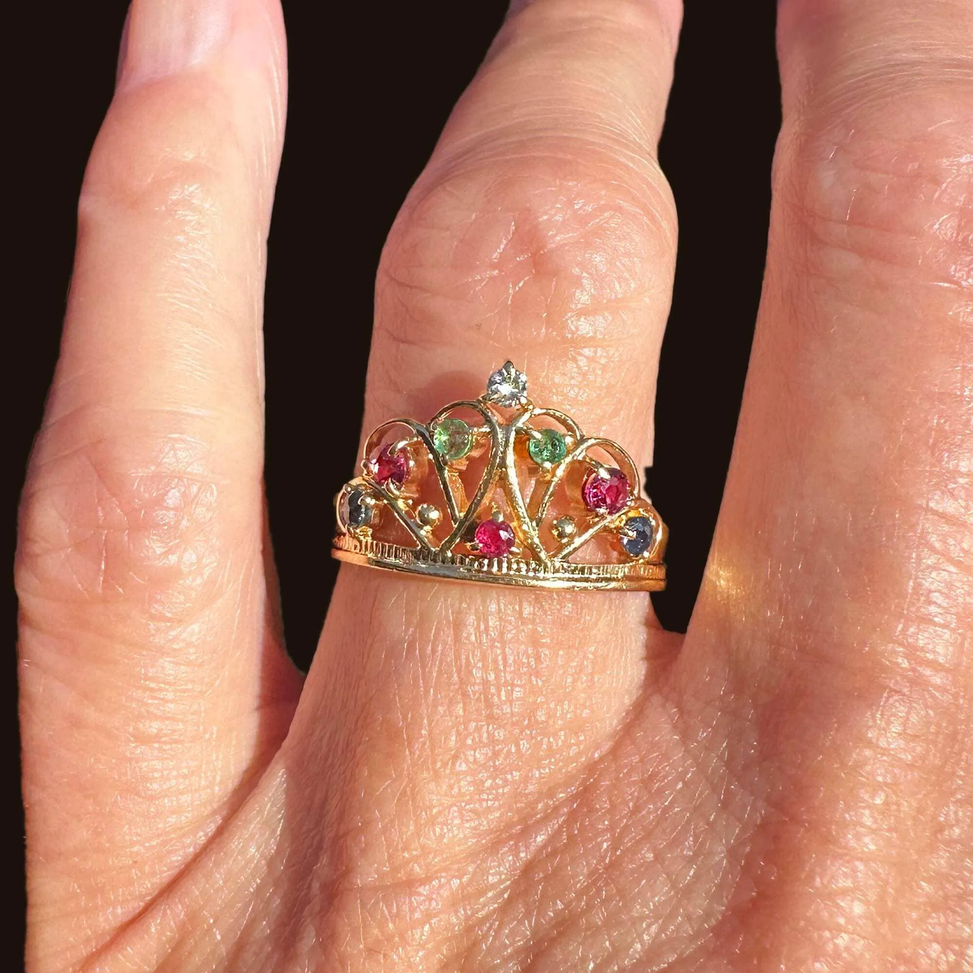 18K Gold Double Heart Ruby Diamond Sapphire Emerald Crown Ring