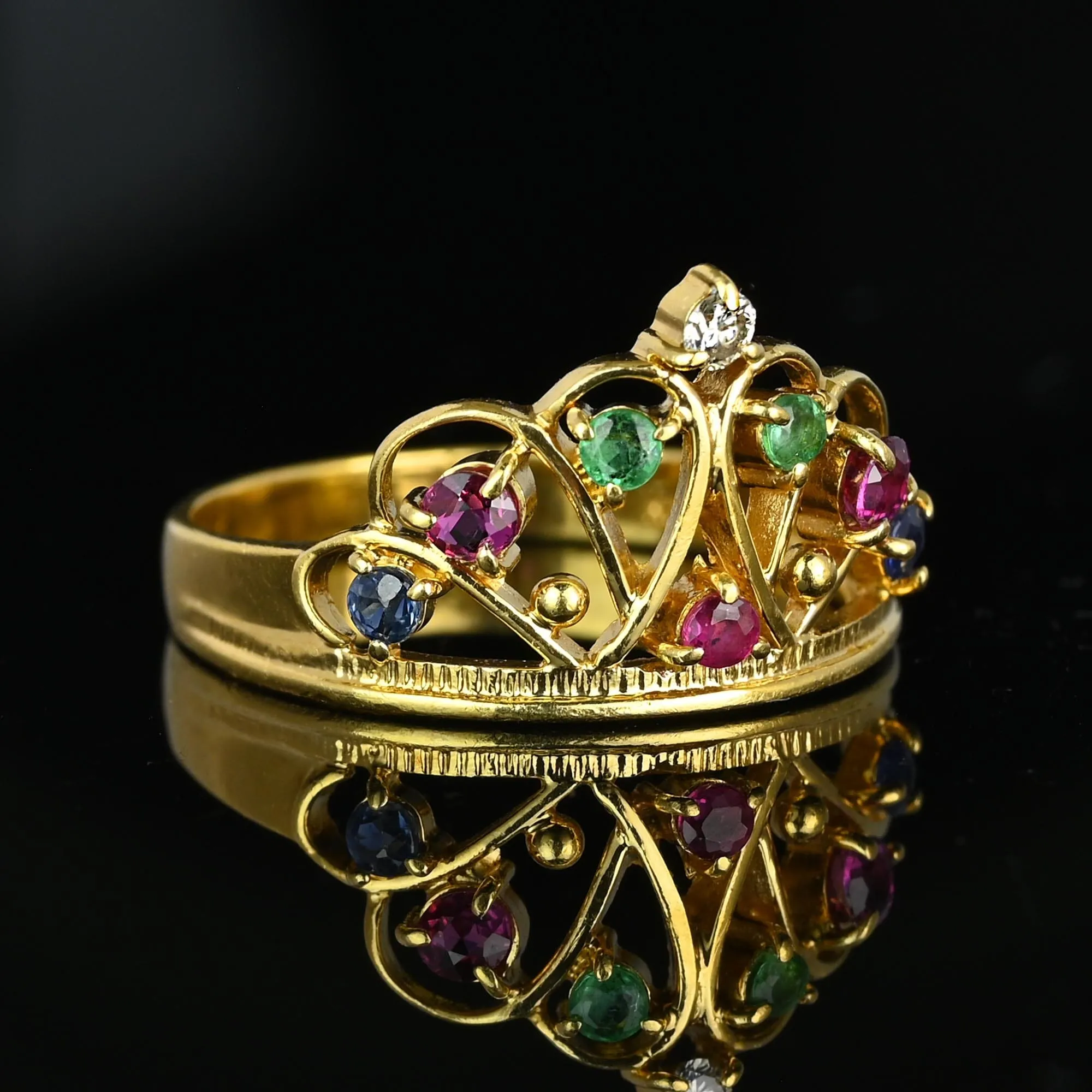 18K Gold Double Heart Ruby Diamond Sapphire Emerald Crown Ring