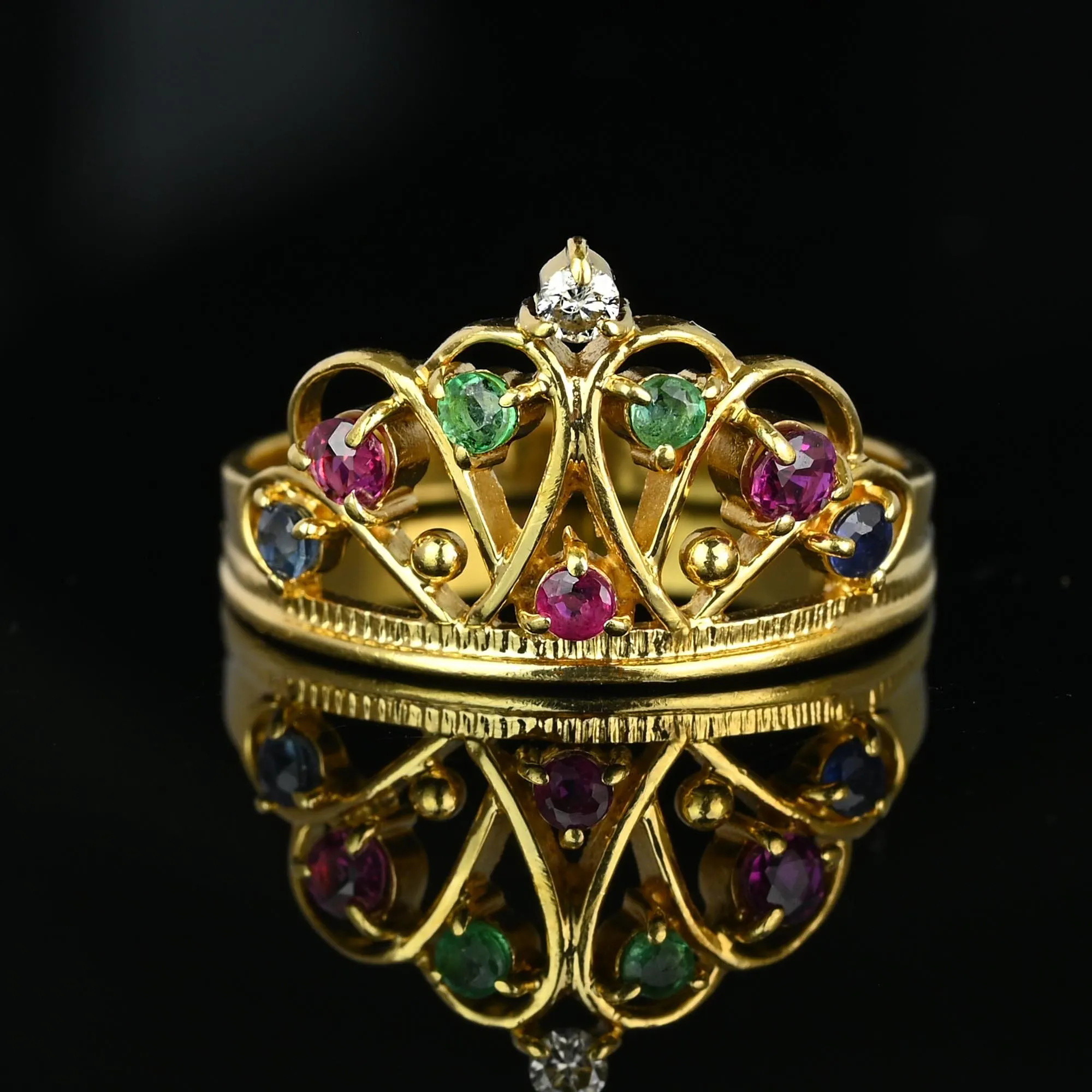 18K Gold Double Heart Ruby Diamond Sapphire Emerald Crown Ring