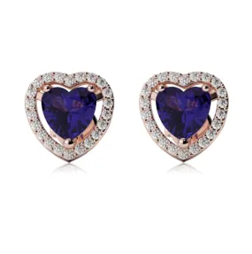 18k Rose Gold Plated 1 Ct Created Halo Heart Blue Sapphire Stud Earrings