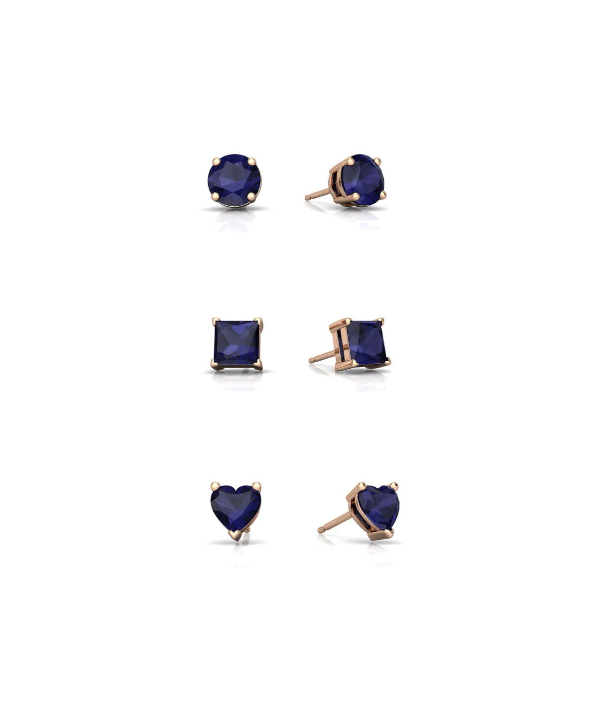 18k Rose Gold Plated 1Cttw 7mm Created Blue Sapphire 3 Pair Round, Square and Heart Stud Earrings