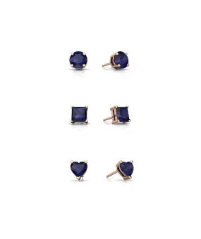 18k Rose Gold Plated 1Cttw 7mm Created Blue Sapphire 3 Pair Round, Square and Heart Stud Earrings