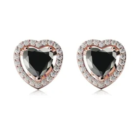 18k Rose Gold Plated 3 Ct Created Halo Heart Black Sapphire Stud Earrings