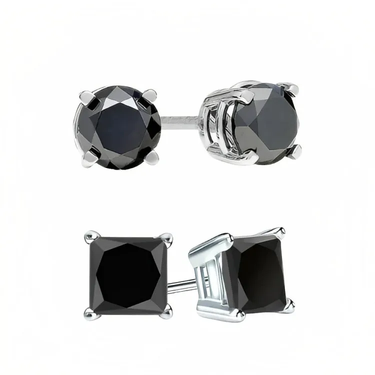 18k White Gold 2 Pair Black Moissanite Round & Princess Cut Stud Earrings Plated 4mm By Paris Jewelry