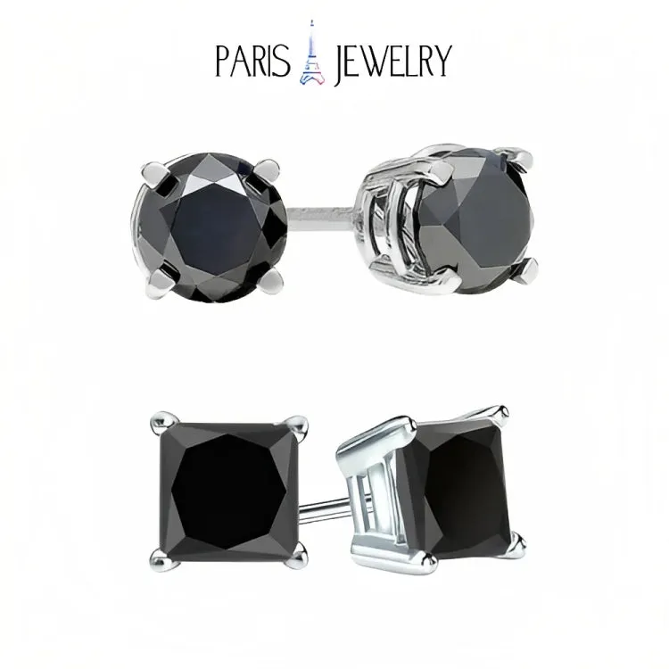 18k White Gold 2 Pair Black Moissanite Round & Princess Cut Stud Earrings Plated 4mm By Paris Jewelry