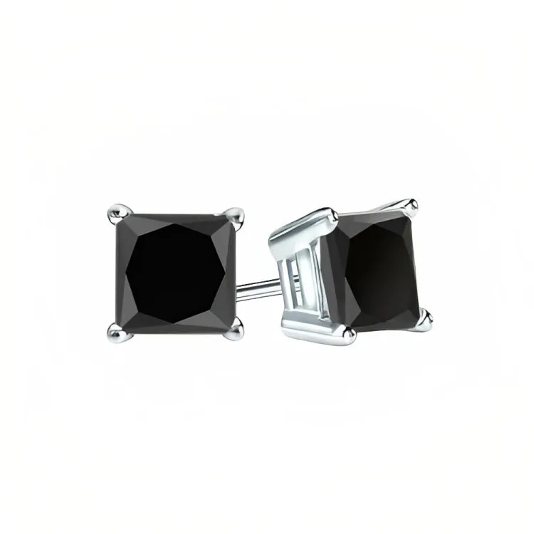 18k White Gold 2 Pair Black Moissanite Round & Princess Cut Stud Earrings Plated 4mm By Paris Jewelry