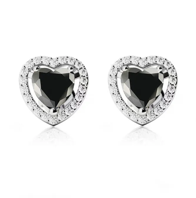 18k White Gold Plated 1 Ct Created Halo Heart Black Sapphire Stud Earrings