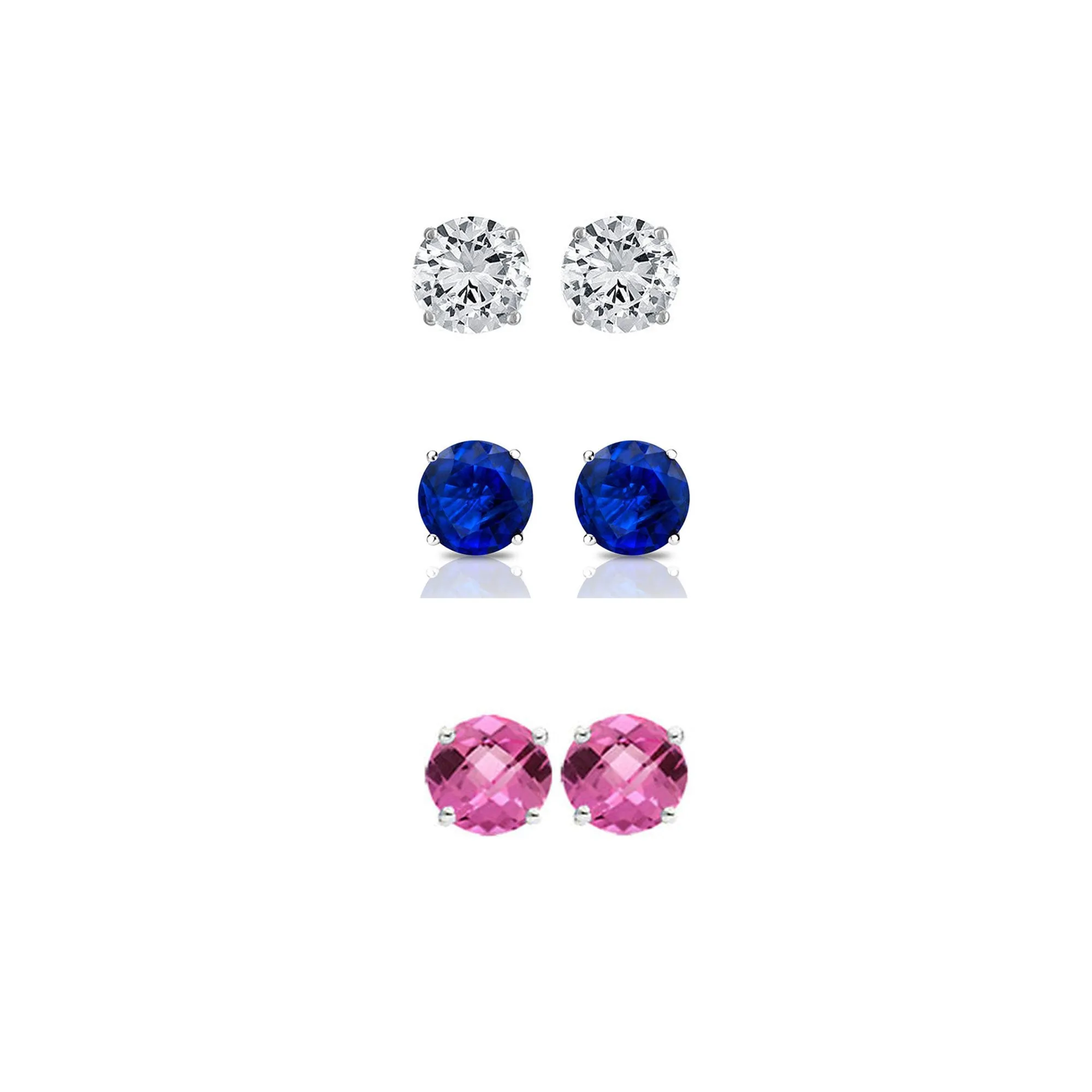 18k White Gold Plated 1Ct Created White Sapphire, Blue Sapphire and Pink Sapphire 3 Pair Round Stud Earrings