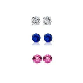 18k White Gold Plated 1Ct Created White Sapphire, Blue Sapphire and Pink Sapphire 3 Pair Round Stud Earrings