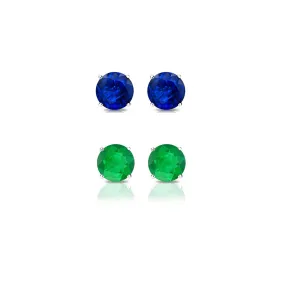 18k White Gold Plated  3Ct Created Blue Sapphire and Emerald 2 Pair Round Stud Earrings