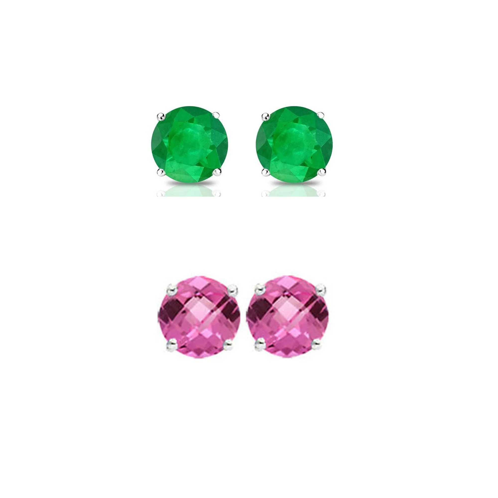 18k White Gold Plated 4Ct Created Emerald and Pink sapphire 2 Pair Round Stud Earrings