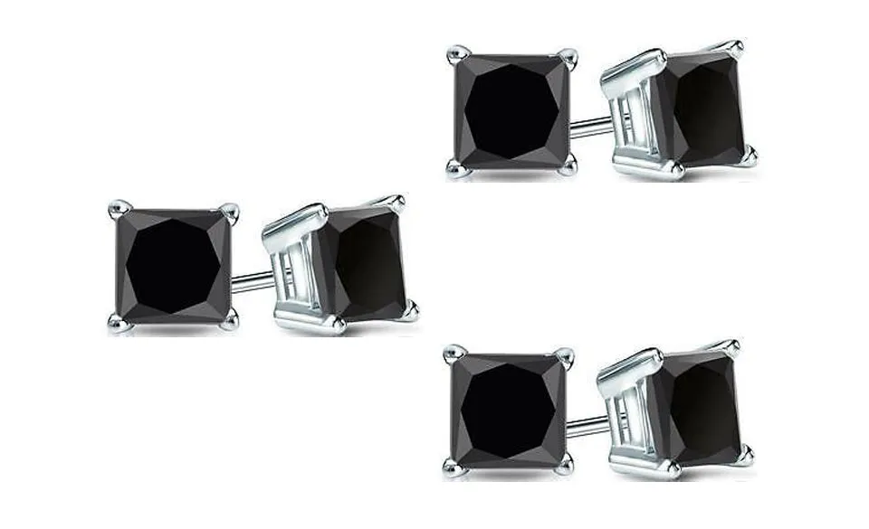 18k White Gold Plated Created Black Sapphire 1Ct Princess Cut Pack of Three Stud Earrings