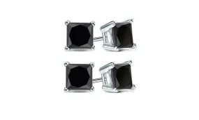 18k White Gold Plated Created Black Sapphire 3Ct Princess Cut Pack of Two Stud Earrings