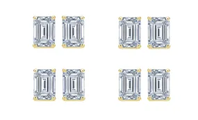 18k Yellow Gold 6mm 3Ct Emerald Cut White Sapphire Set Of Four Stud Earrings Plated