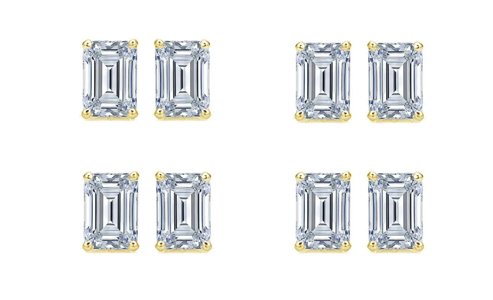 18k Yellow Gold 6mm 3Ct Emerald Cut White Sapphire Set Of Four Stud Earrings Plated