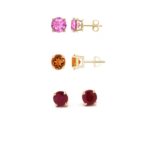 18k Yellow Gold Plated 1/2Ct Created Pink Sapphire, Citrine and Garnet 3 Pair Round Stud Earrings