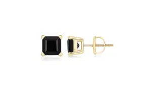 18k Yellow Gold Plated Created Black Sapphire 2 Carat Square Cut Stud Earrings