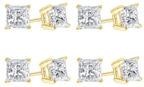 18k Yellow Gold Plated Created White Sapphire 1/2 Carat Princess Cut Pack of Four Stud Earrings