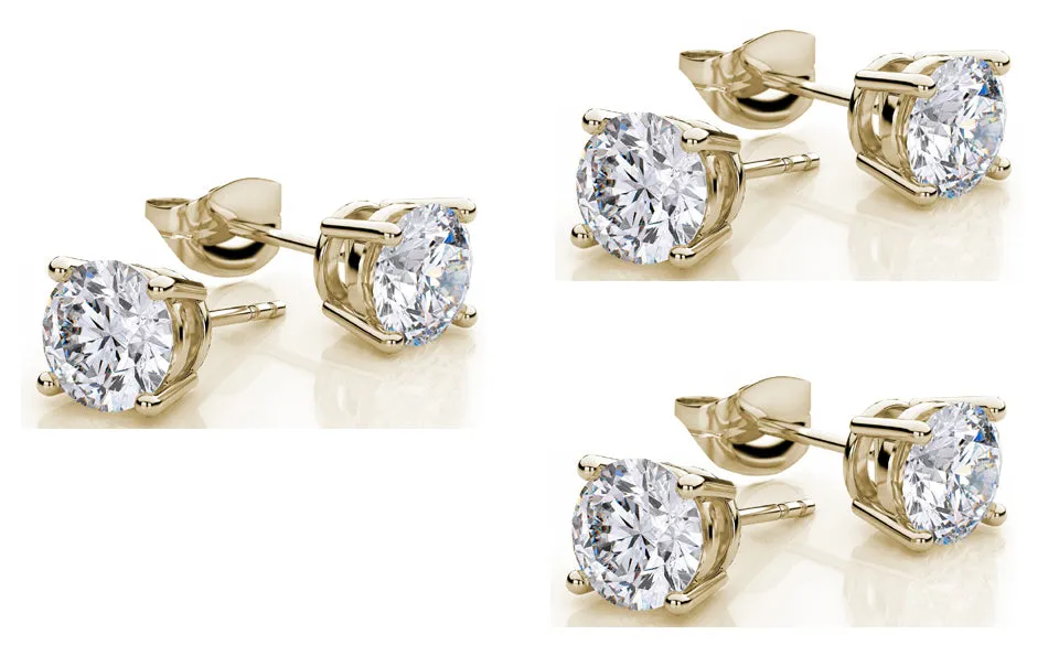 18k Yellow Gold Plated Created White Sapphire 1/2 Carat Round Pack of Three Stud Earrings