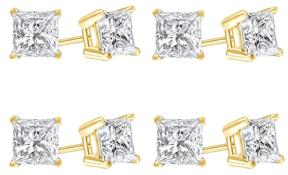 18k Yellow Gold Plated Created White Sapphire 2 Carat Princess Cut Pack of Four Stud Earrings