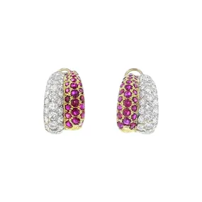 18K Yellow Gold Ruby and Diamond Hoop Earrings