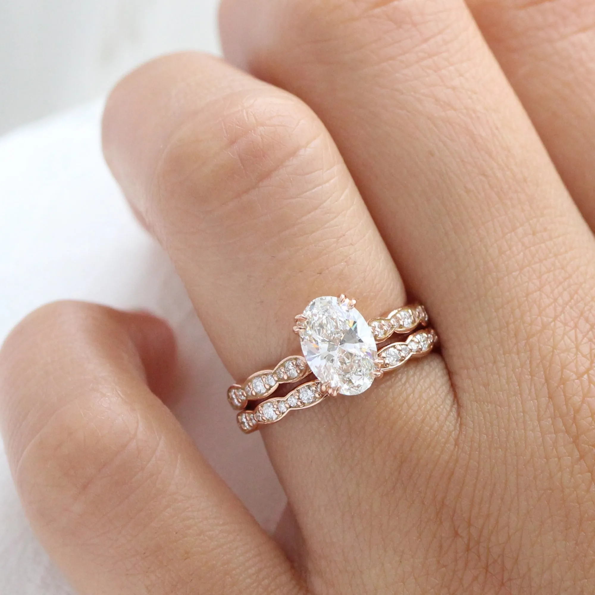 1.98 Ctw Oval Diamond Ring Set w/ Lab Diamond and Matching Wedding Band