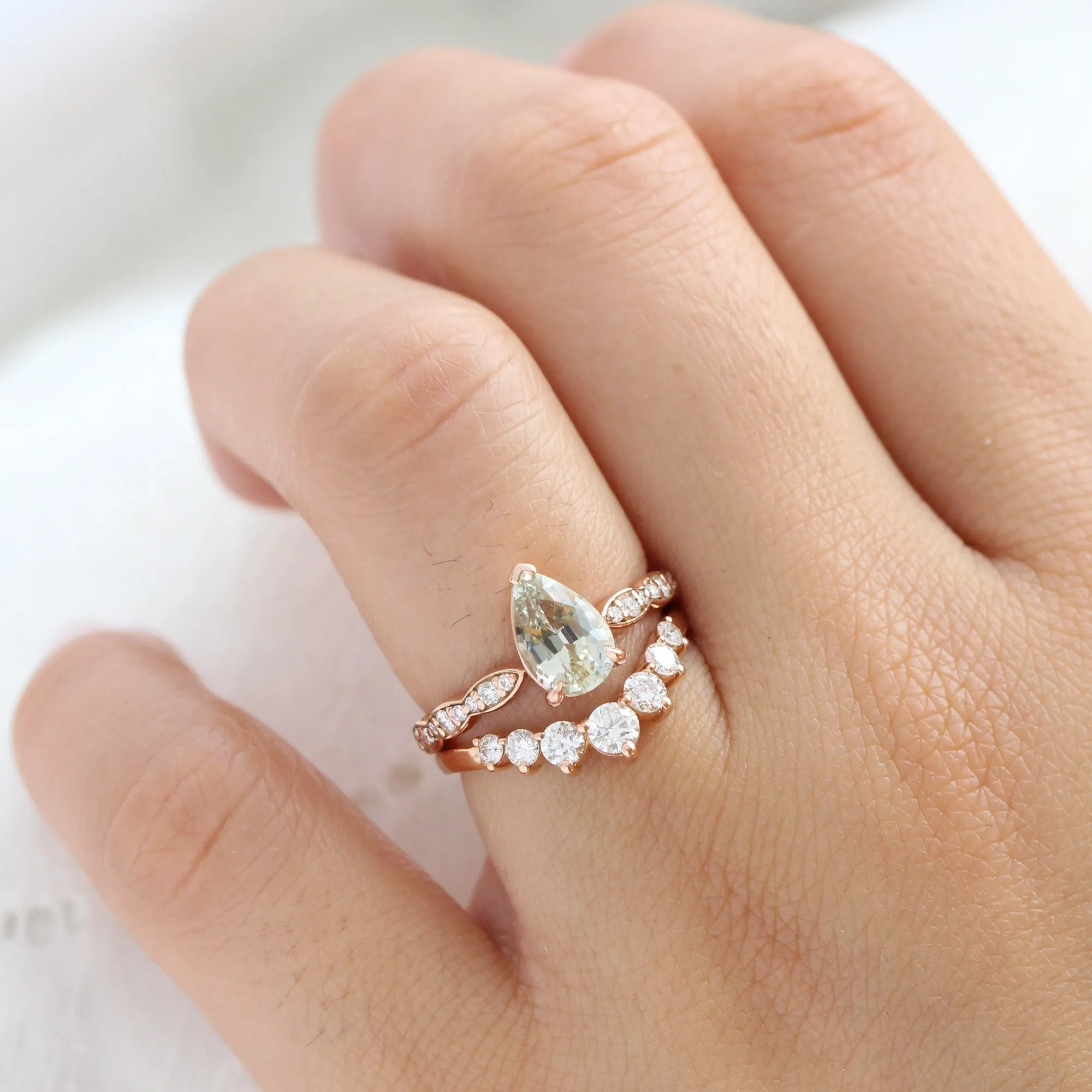 2.05 Ct Pear Seafoam Green Sapphire Ring in 14k Rose Gold Low Profile Ring, Size 6.25