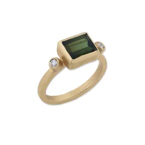 22K Yellow Gold "Love" Green Tourmaline Stacking Ring With Round Diamonds