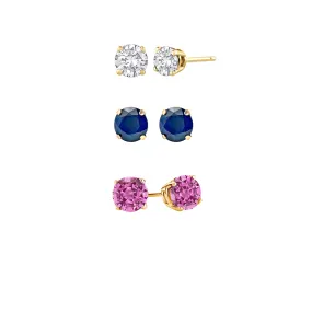 24k Yellow Gold Plated 1/2Ct Created White Sapphire, Blue Sapphire and Pink Sapphire 3 Pair Round Stud Earrings