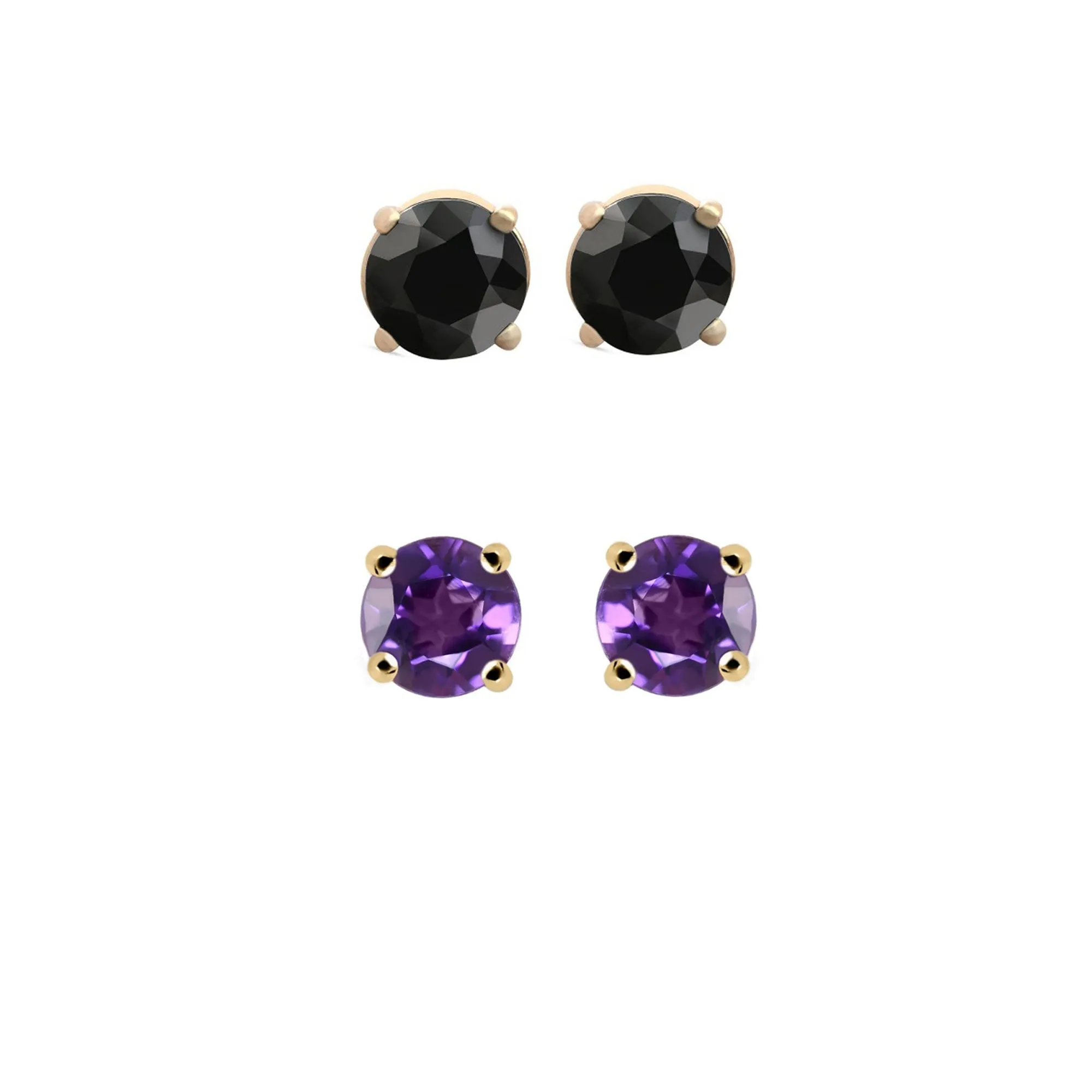 24k Yellow Gold Plated 4Ct Created Black Sapphire and Amethyst 2 Pair Round Stud Earrings