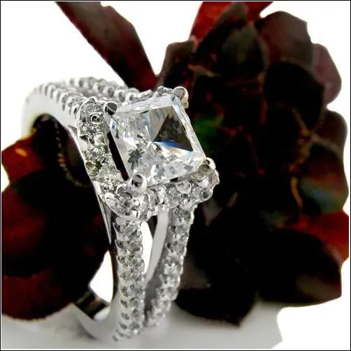 .75 Princess Cubic Zirconia Center Engagement RIng  Split Shank Pave Cz 14K White Gold