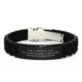 Air Traffic Controller Gifts. Proud Dad of a freaking Awesome Air Traffic Controller. Black Glidelock Clasp Bracelet for Air Traffic Controller. Great Gift for Him. Fathers Day Gift. Unique Dad Jewelry