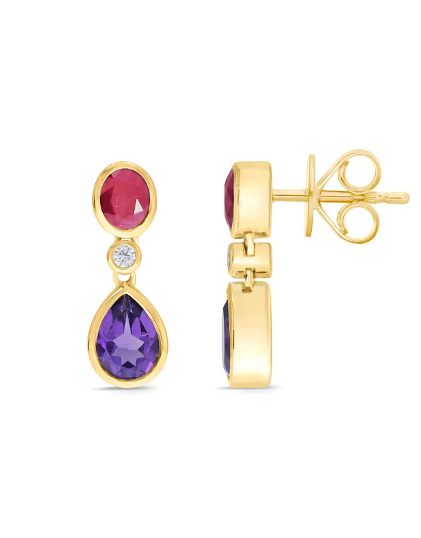 Amethyst Earrings - 10ct Yellow Gold Amethyst, Ruby and Diamond Earrings - 786686