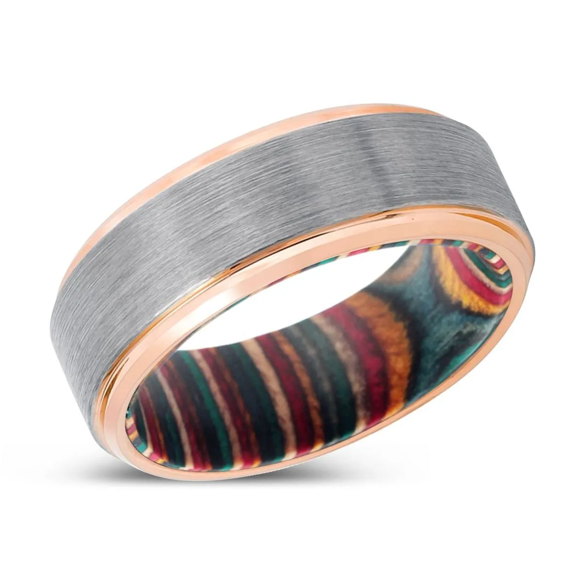 AMIDA | Multi Color Box Wood, Silver Tungsten Ring, Brushed, Rose Gold Stepped Edge