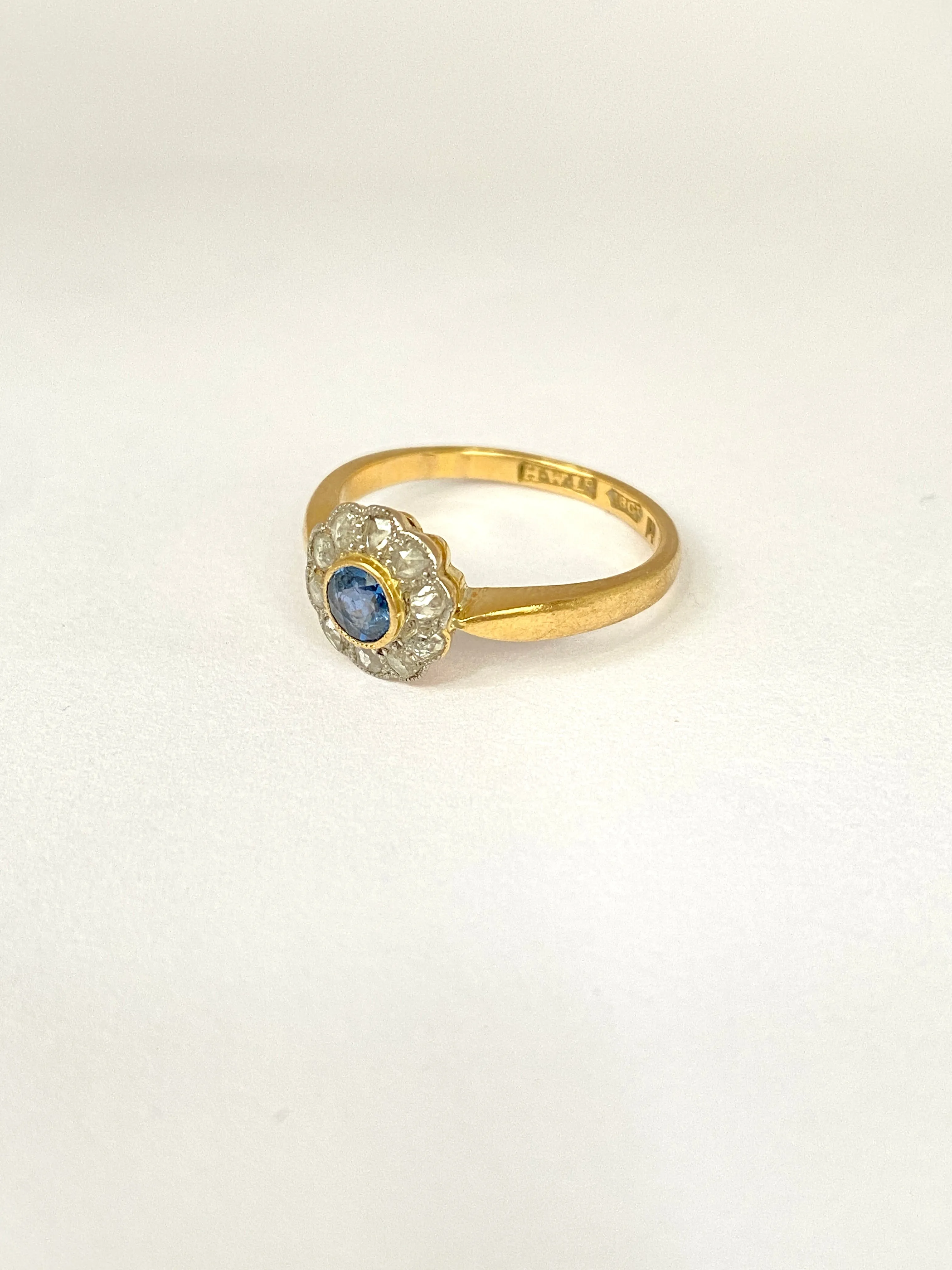 Antique, 18ct Gold, Art Deco Sapphire and Rose Cut Diamond Cluster Ring